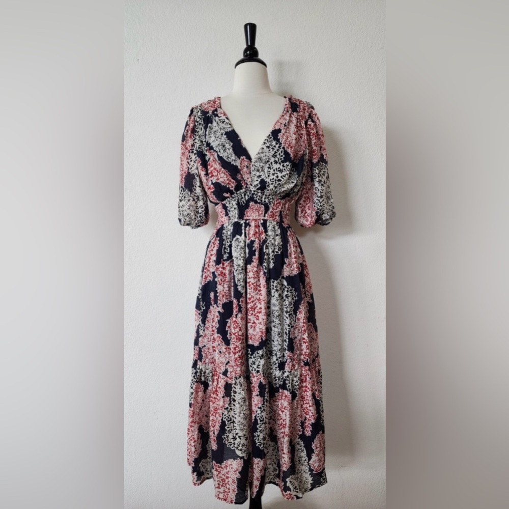 Women’s Navy Floral Midi Dress with Puff Sleeves